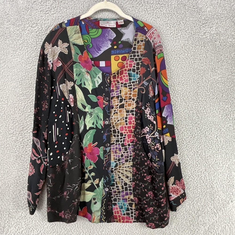 Sacred Threads‎ Blouse Womens M Black Tunic Rayon Scoop Neck Button Floral